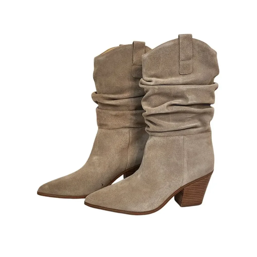 New Nine West Kadon Tan Suede Western Style Slouchy Boot 9.5M